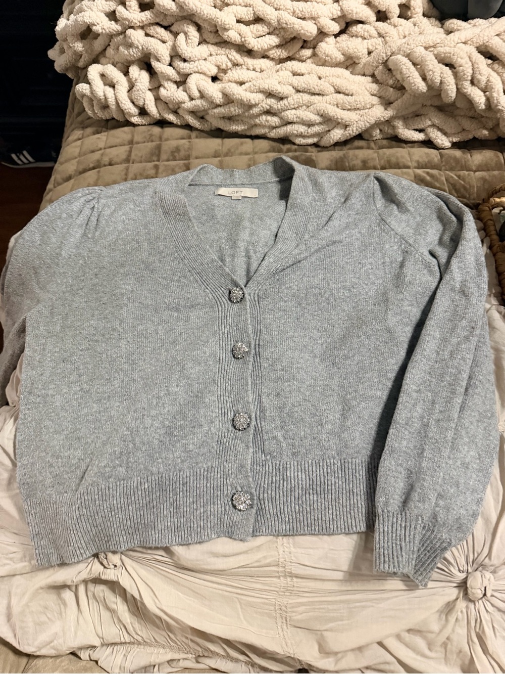 LOFT Gray V-Neck Button Front Cardigan Large